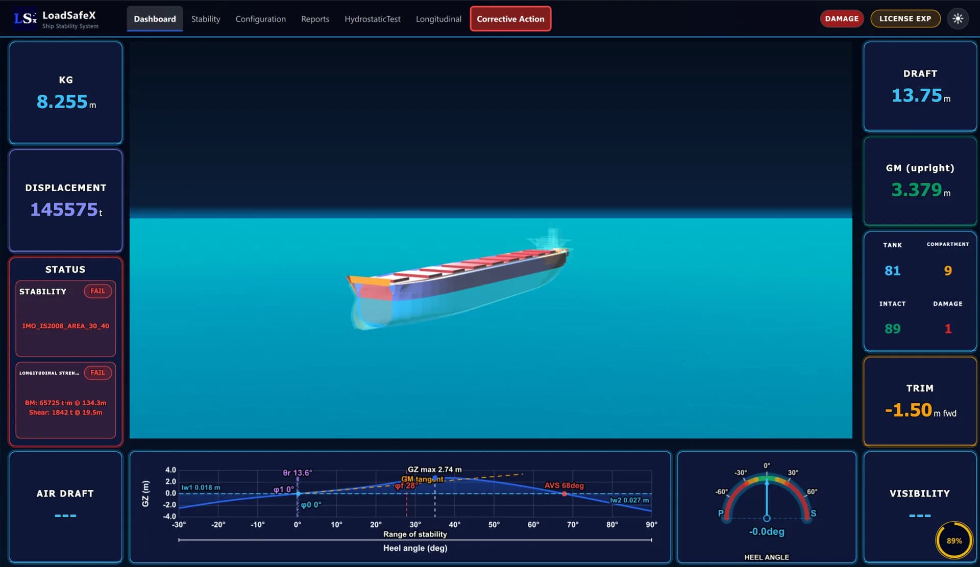 LoadSafeX dashboard running a damage case